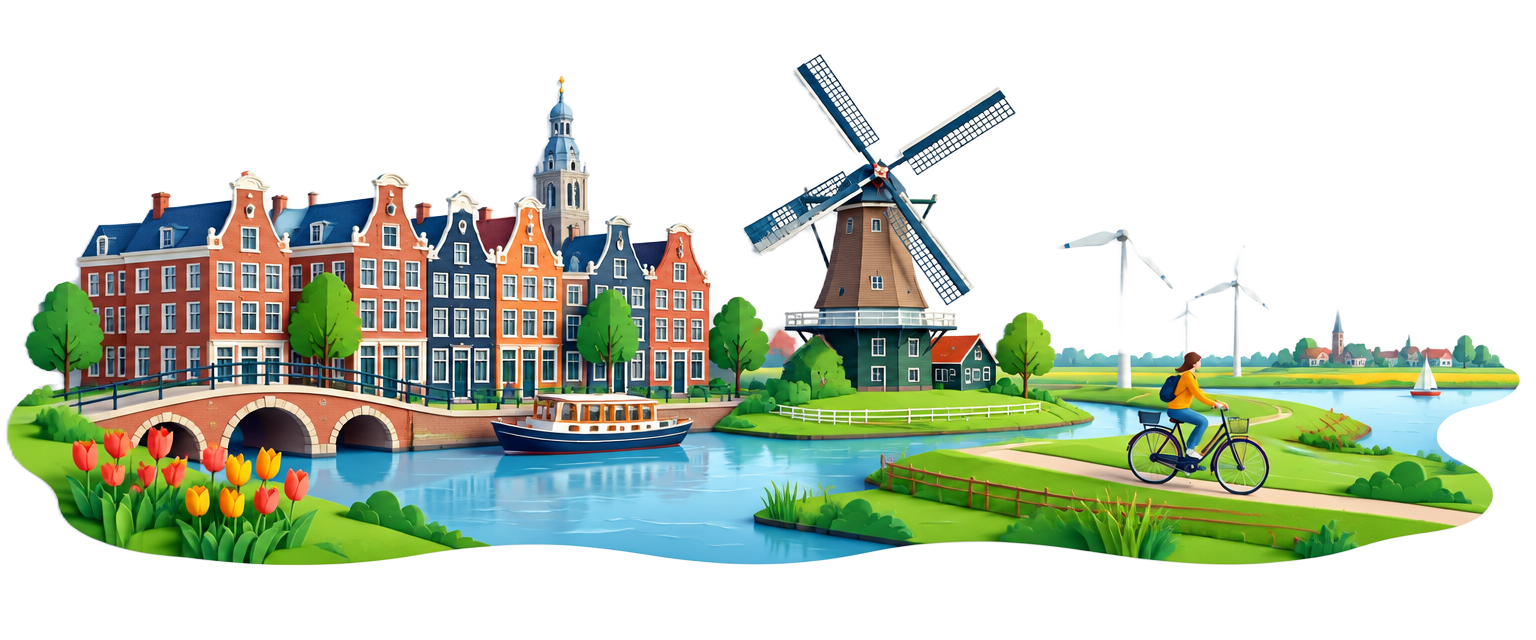 Nederlandse grachtenhuizen, een molen, windturbines en een fietser langs het water